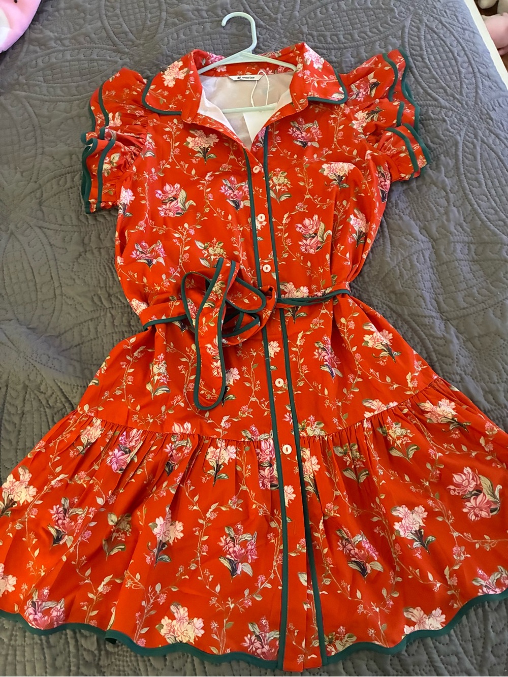 Girls Red Floral Button-Front Dress with Belt